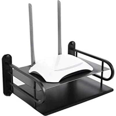 Black Metal Wireless Wifi Router Storage Box / TV Set Box Shelf Wall Hanging Plug Board Bracket Cable Storage Organizer